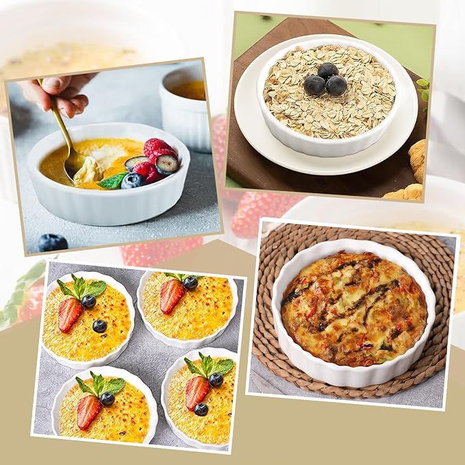 8 oz Creme Brulee Ramekins,6 Pack Porcelain Ramekins Oven Safe,Round Fluted Quiche Dishes,Mini Tart Pans for Baking Souffle,Mini Pies,Dipping Sauces,Tart