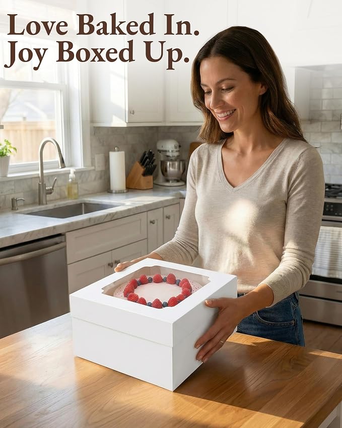 12x12x6 inch Cake Boxes 20 pcs, Large 12 inch Cake Box with Window for 6 Inch Tall Large Bakery Cakes, Pies, Sturdy Square White Cardboard, Cake Decorating Supplies (80 Pcs Stickers)