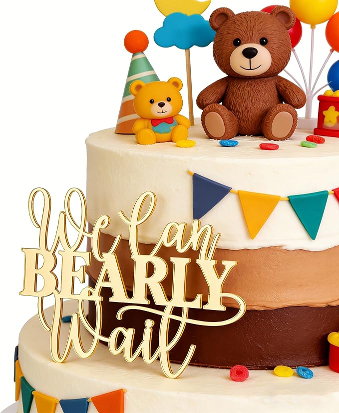 "We Can Bearly Wait" Baby Shower Cake Topper, Gold Acrylic Bear Theme Party Cake Topper, Welcome Baby,Pregnancy Announcement,Baby to Be for Baby Shower Party Supplies,Gender Reveal Photo Props