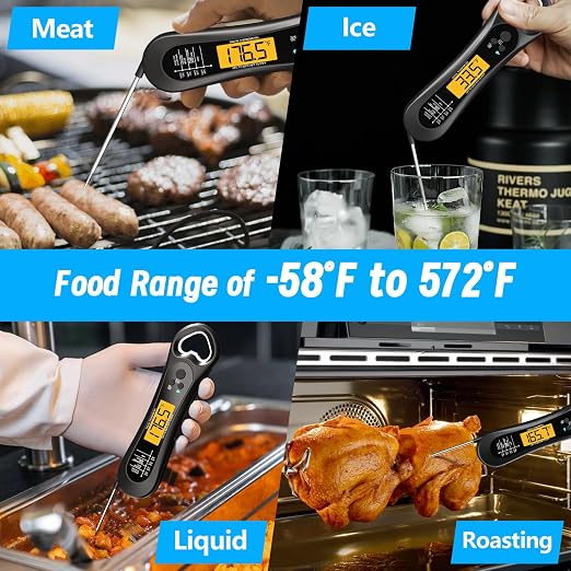 Meat Thermometer Digital, Instant Read Meat Thermometer for Grill and Cooking, with Bottle Opener, Backlight & Calibration Food Thermometer, Kitchen Gadgets for BBQ, Turkey, Candy, Liquids