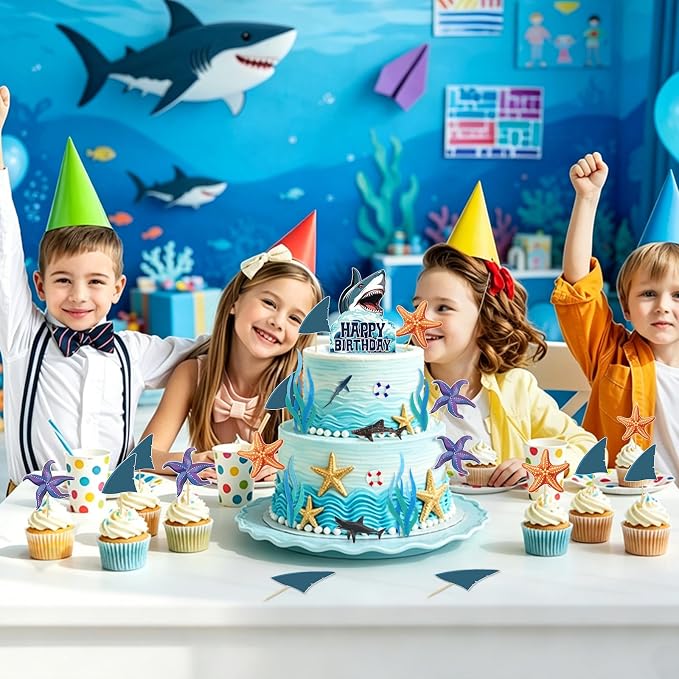 Hooqict 24Pcs Shark Cake Decorations Set with Mini Sea Animals Shark Cake Toppers & Cupcake Toppers for Ocean Theme Under the Sea Birthday Party Decorations Supplies