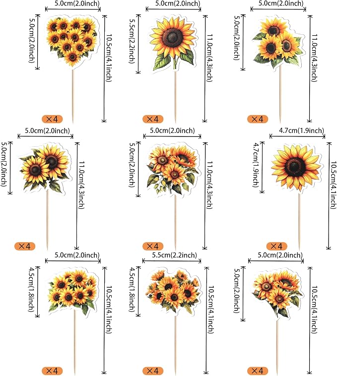 36 Pack Sunflower Cupcake Topper Double Sided Sunflower Cupcake Picks Decoration for Spring Summer Flower Theme Baby Shower Wedding Birthday Party Cake Decorations Supplies