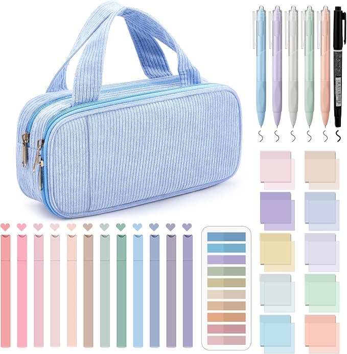 Jutom 39 Pcs Aesthetic Book Annotation Kit Highlighter with Case Bag Gel Pen Transparent Sticky Note Taking Bible Supplies(Light Blue,Classic Style)