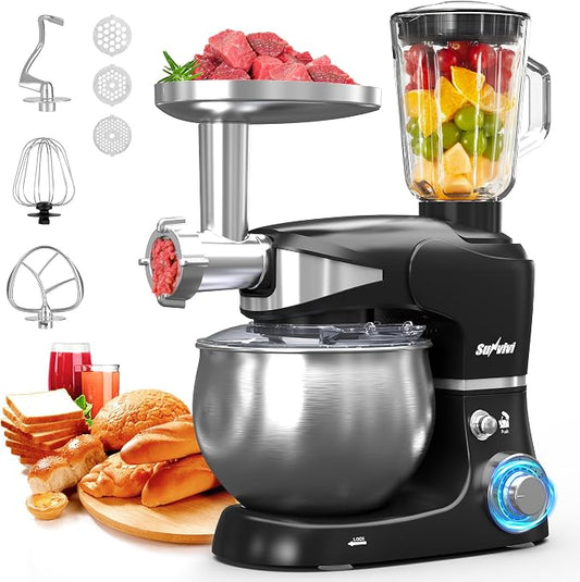 Sunvivi 6-in-1 Multifunctional Stand Mixer, 6.5QT Tilt-Head Dough Mixer, Electric Stand Mixer with Stainless Steel Bowl for Cake, Bread, and Dough, with Meat Grinder, Juice Blender & Pasta Maker