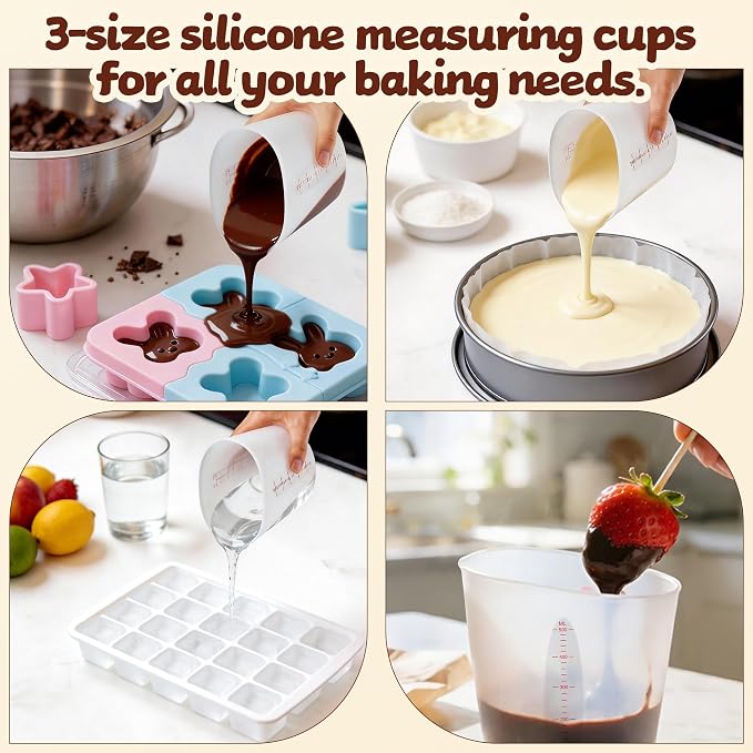 Food-Grade Silicone Measuring Cups for Melting Chocolate, 3Pcs BPA Free Silicone Baking Measuring Cups with 1/2Cup/1Cup/2Cup Capacity, Reusable Silicone Cups for DIY Chocolate Mold