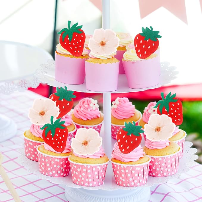 60 PCS Edible Strawberry Cupcake Toppers Wafer Paper Berry Strawberry Birthday Decorations Edible Flower Cupcake Picks for Baby Shower Wedding Birthday Party Cake Food Decorations Supplies