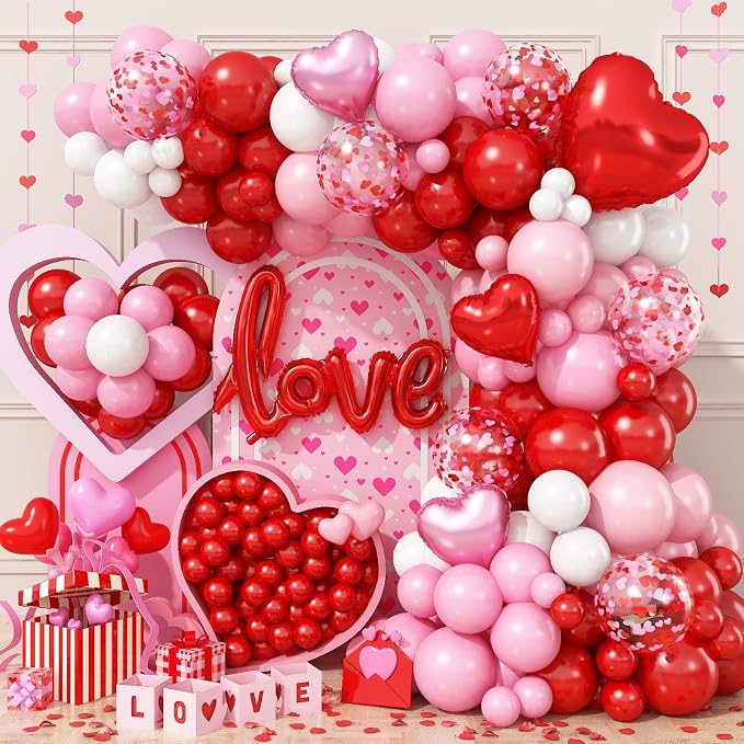 Valentines Day Balloon Arch Kit 114Pcs Red Pink White Balloon Garland Kit with Love Heart Foil Balloons Galentines Party Balloons Decorations for Marriage Proposal Engagement Wedding Mothers