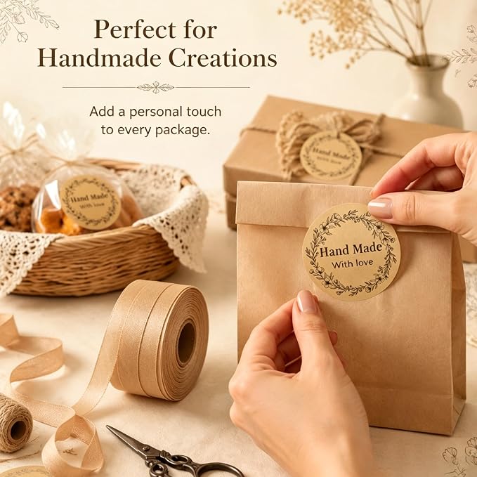 500 PCS Thank You Stickers 1.5 Inch Round Kraft Paper Labels, Floral Wreath Handmade with Love Stickers for Small Business Packaging, Self Adhesive Rustic Handmade Labels