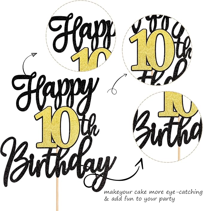 1 PCS Happy 10th Birthday Cake Topper Black Gold Glitter Cheers to 10 Years Birthday Cake Pick 10 Fabulous Cake Decoration for Happy 10th Birthday Anniversary Party Cake Decorations Supplies