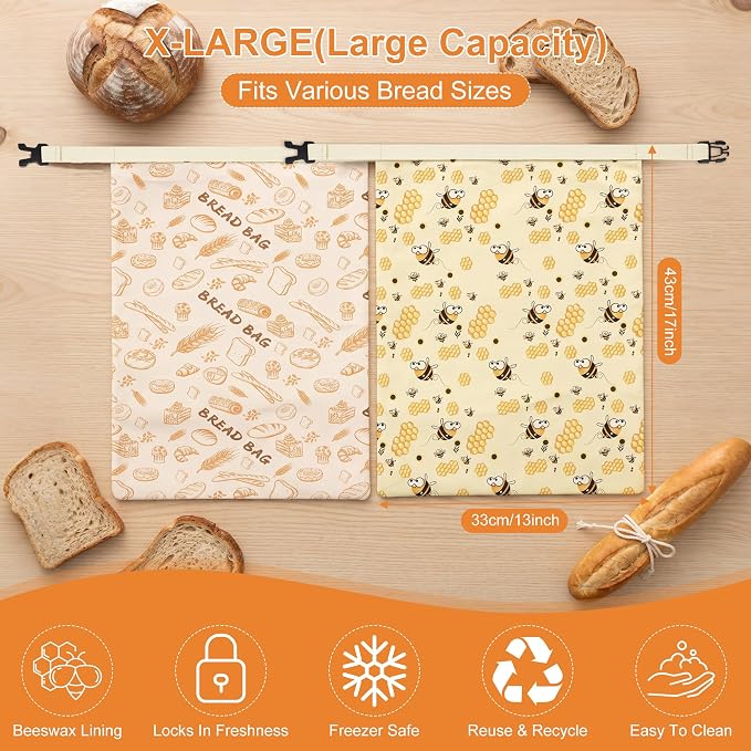 Linen Bread Bag Set For Homemade Sourdough Bread, Keeps Your Loaf Fresh for Days, Reusable and Easy to Clean Storage Bag, 2 Pcs