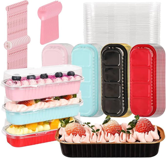 100 Pack Mini Cake Pans with Lids and Spoons, Disposable Aluminum Foil Cake Tins（6.8oz） Individual Small Cake Baking Containers for Party, Wedding, Birthday