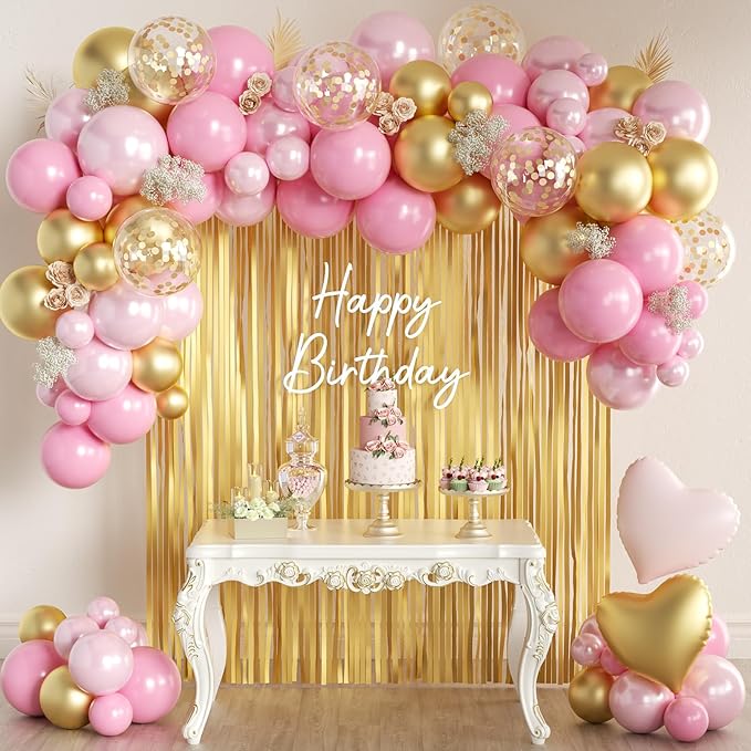 157PCS Pink and Gold Balloons Garland Arch Kit with Gold Fringe Curtain for Woman Girl Princess Engagement Bridal Shower Wedding Baby Shower Birthday Party Decorations