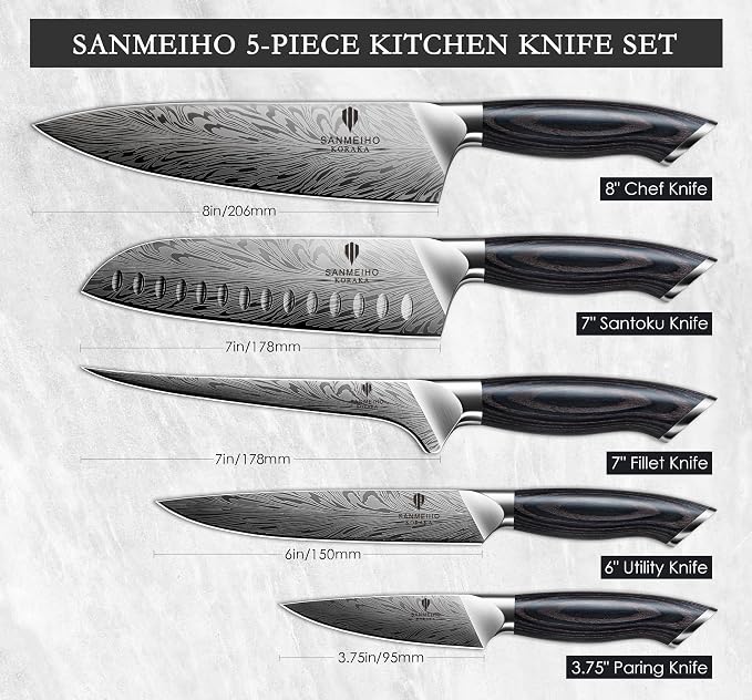 5PCS Knife Set, Kitchen Knife Sets in Powder Steel, Ultra Sharp Japanese Knives Set High Carbon Steel Chef Knives Sets, Cooking Knives Set with Ergonomic Pakkawood Handle