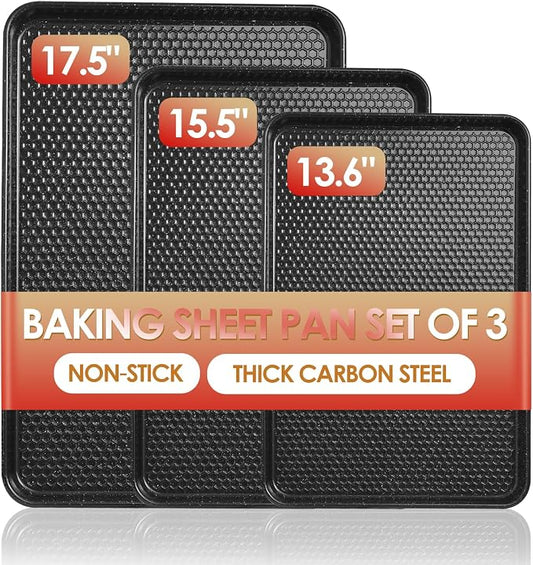 Baking Sheet Pan Set of 3, Nonstick Carbon Steel Cookie Sheets with Texture | Commercial Half/Quarter/Jelly Roll Pans Replacement Toaster Oven Tray, Heavy Duty & Easy Clean, Black