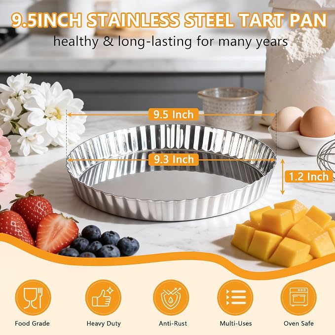TeamFar 2 Pack Tart Pans, 9.5 Inch Stainless Steel Round Tart Pie Pan, Metal Quiche Baking Dish with Fluted Side for Baking Fruit Tarts, Quiches, Pies, Mousse Cakes, Heavy Duty & Dishwasher Safe