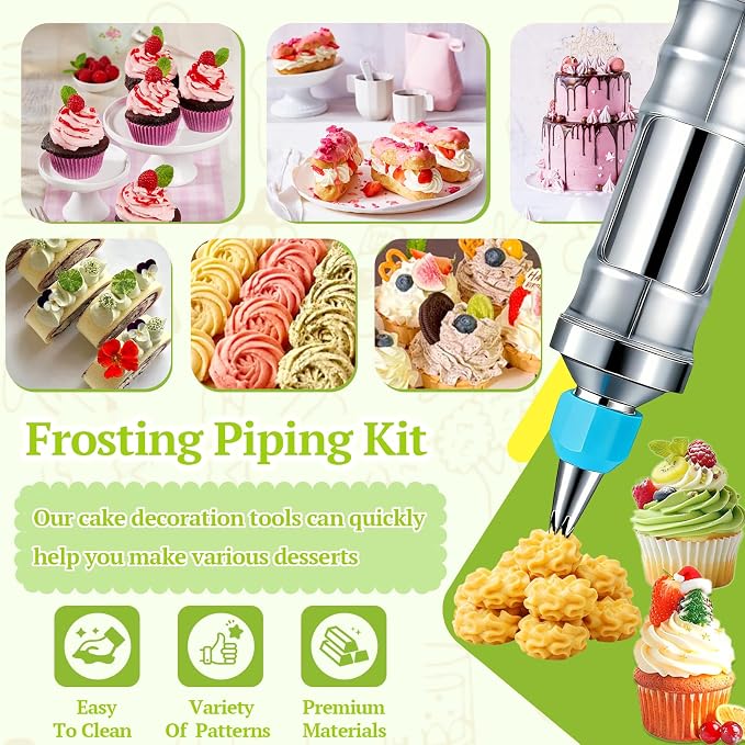 Suuker Dessert Decorating Syringe Set | Frosting Piping Kit, Stainless Steel, 54 Piping Tips, 9 Silicone Baking Cups
