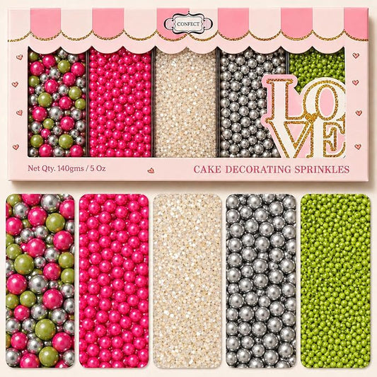 Confect Sprinkles Mix – Enchanted Forest Disco Ball Mashup for Cake & Cupcake Decorating – Assorted Pack of 5 (Hot Pink, Silver, Parrot Green Dragees & White Sparkling Sugar) Palm Oil-Free, No Artificial Dyes - 5 Oz