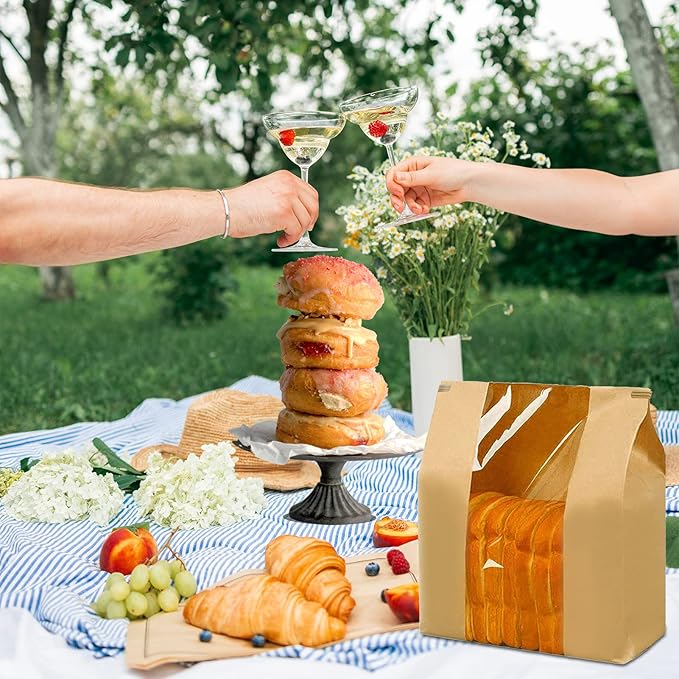 200 Pack Large Paper Bread Bags for Homemade Bread Sourdough Bags 14" x 8.3" x 3.5" with Tin Tie Tab Lock Clear Front Window Bakery Bag Packaging Cookie Bag with Label Seal Stickers