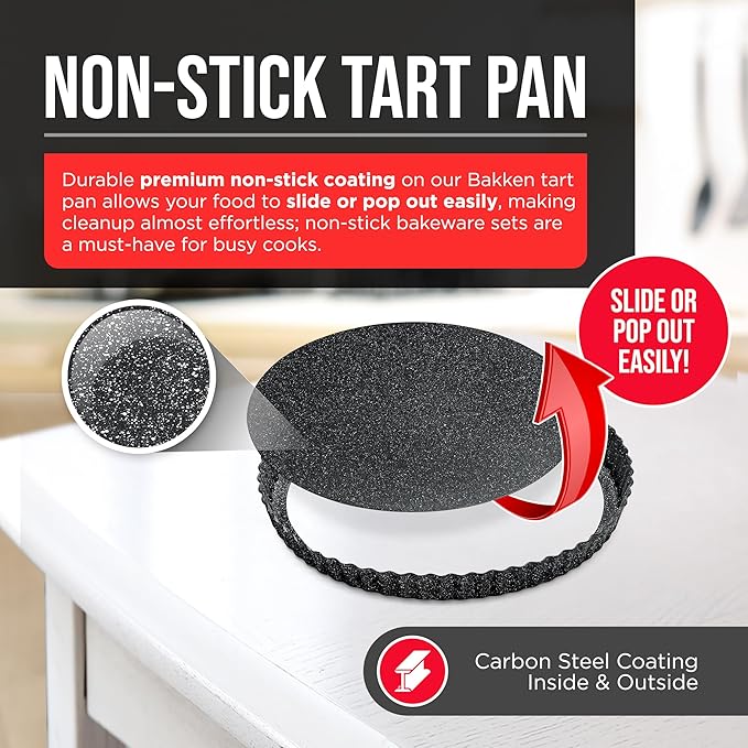 Bakken- Swiss Tart Pan – Quick Release Removable Base, Non-Stick Fluted Edge, Durable Steel - Create Perfect Pies, Fruit Tarts, and Quiches with Ease