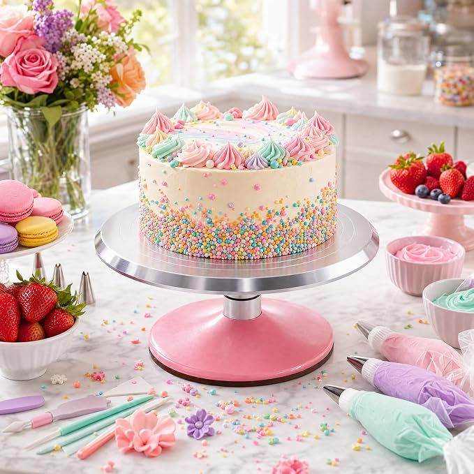 12-Inch Aluminum Alloy Cake Turntable, Rotating Cake Decorating Stand with Non-Slip Detachable Pink Base & Concentric Marking Circles, Smooth 360 Rotation for Baking, Model Coloring, Display