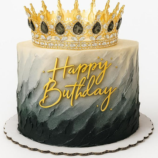 8 Pcs Gold and Black Queen Crown Cake Topper for Women, Happy Birthday Cake Toppers Foam Balls Rhinestone Crystal Tiara Wedding Decoration for Princess Party Photo Props
