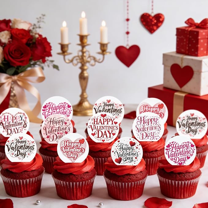 36PCS Edible Happy Valentine’s Day Cupcake Toppers Wafer Paper Sweet Love Be Mine Kiss Me Cupcake Picks Valentine’s Cake Decor for Valentine's Day Theme Wedding Party Supplies
