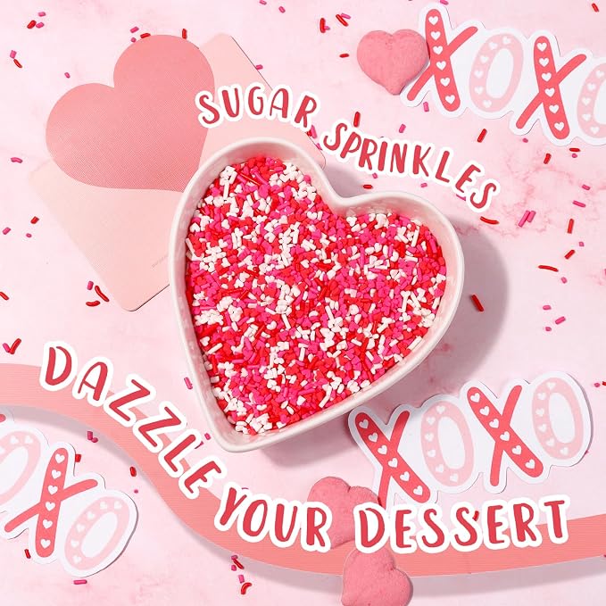 Valentines Sprinkles for Baking, 7oz White Red Pink Jimmies and Heart Sprinkles for Cake Decorating, Valentine Sprinkles for Cookies, Cupcake, Ice Cream, Cake