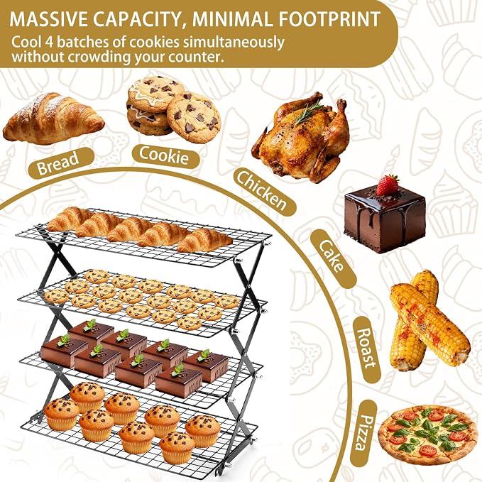 4-Tier Stackable Cooling Rack for Baking, Collapsible Wire Cookie Rack with Adjustable Heights, Non-Stick Roasting & Drying Rack for Cupcakes, Pies and Pastries, Space-Saving Kitchen Essential
