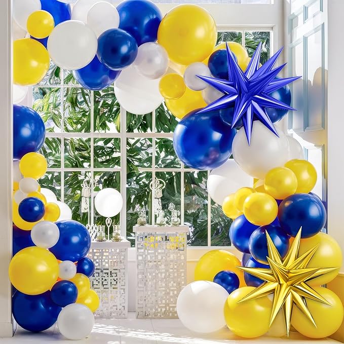 Blue Yellow Balloon Arch Kit, Royal Blue and Yellow White Balloons Garland Kit with 4D Foil Star Balloons, yellow blue Balloon for Baby Shower Anniversary Birthday Wedding Graduation Party Decoration