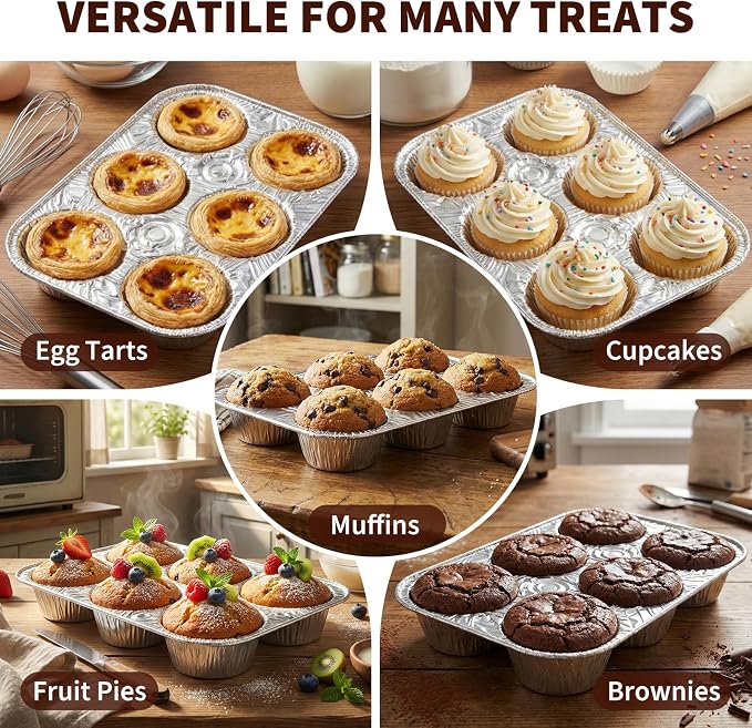 Disposable Muffin Pans with Lids, 20 Pack Aluminum Muffin Pans with Clear Lids, 6-Cup Size Throw Away Tin Foil Pan, Strong and Flat Base for Even Baking, Ideal for Parties and Holidays