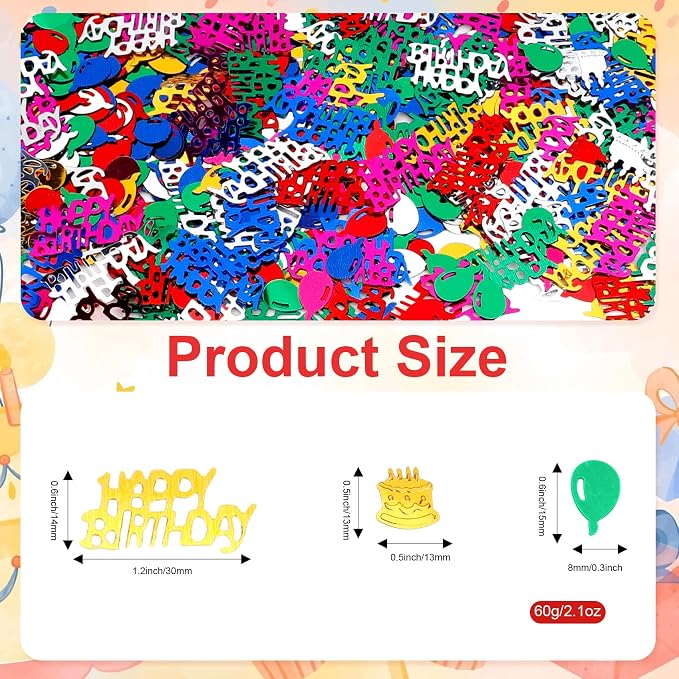 Birthday Confetti, Happy Birthday Party Glitter Table Confetti, 60g Multicolor Metallic Foil Cake Balloon Confettis Sprinkles Table Centerpiece DIY Arts and Crafting for Baby Shower Party Decorations