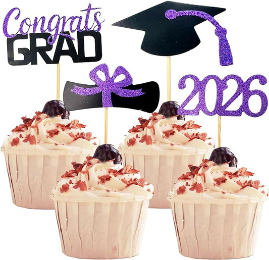 YuBoBo 2026 Graduation Cupcake Toppers, 48 PCS Food/Appetizer Picks For Graduation Party Mini Cake Decorations, Diploma, 2026, Grad Cap Set 48 Pieces (05 Purple)
