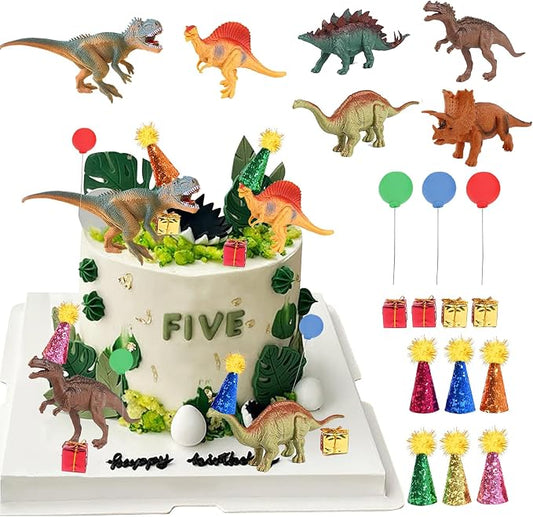 Dinosaur Cake Toppers with Mini Birthday Party Hat Color Balls Cake Decorations for Dinosaur Themed Baby Shower Birthday Party Supplies (Dinosaur)