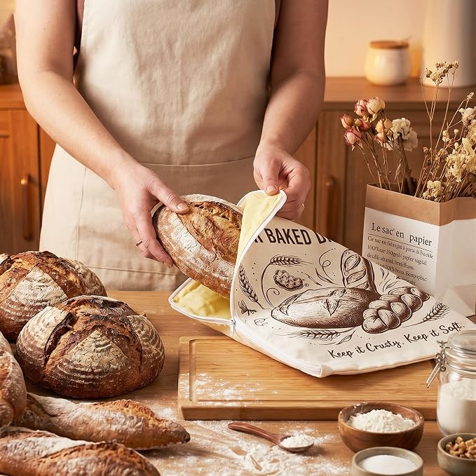 2 Pack Beeswax Sourdough Bread Bags, Reusable Storage Bags with L-Shaped Zipper, 13" x 16.7" Extra Large Bread Bags for Homemade Bread, Keep Fresh Longer
