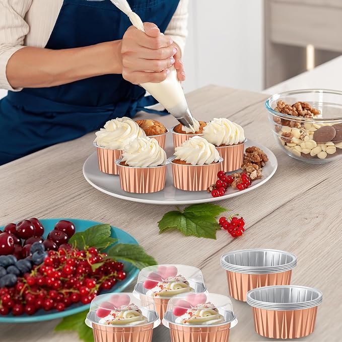 200 Pack Aluminum Foil Cupcake Liners with Lids, 5 oz Round Baking Cup, Disposable Ramekin Container for Graduation Wedding Independence Day Party(Rose Gold,Plain)