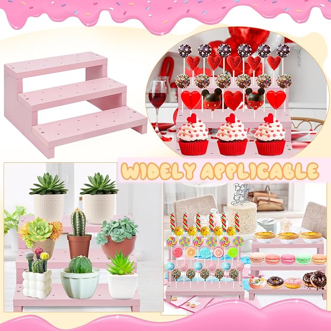 Wood Cake Pop Stands, 3 Tier Lollipop Holders with Twist Ties Lollipop Sticks, Sucker Display Riser for Dessert Table of Wedding Birthday Party (Pink-1P)