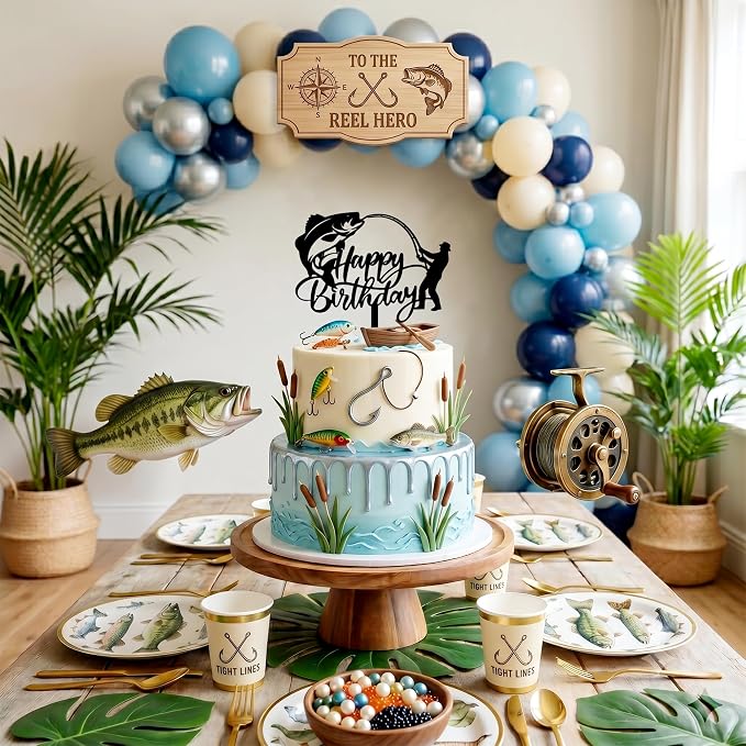 Fishing Happy Birthday Cake Topper, Large Mouth Bass & Fish Rod Silhouette Acrylic Cake Pick, Gone Fishing Themed Cake Decoration for Angler Dad Grandpa Fisherman Birthday Party Supplies