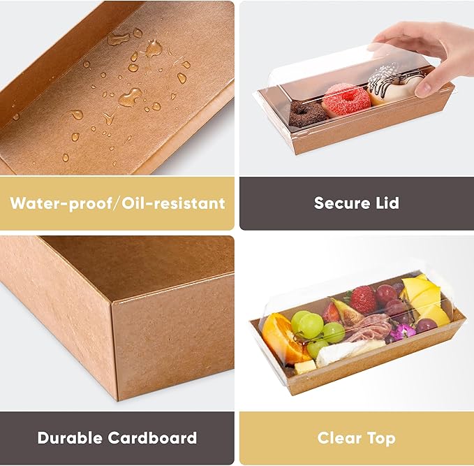 50 Pack 7.5x3.3 Inches Small Charcuterie Boxes with Clear Lids - To Go Paper Mini Treat Box, Charcuterie Boards Accessories, Dessert Boxes, Cookie, Cake Slice, Chocolate Strawberry, Donut (Brown)
