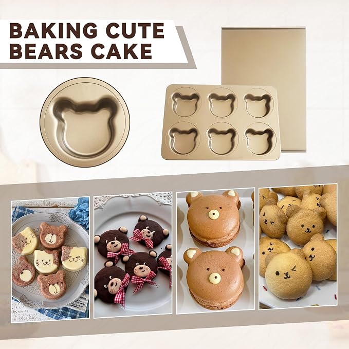 6-Cup English Muffin Pan, Nonstick & Sliding Lid, Bear Shape | 2-in-1 Sliding Lid for Proofing & Baking, Bear Shaped Muffin Pans, Nonstick Carbon Steel Hamburger Bun Mold