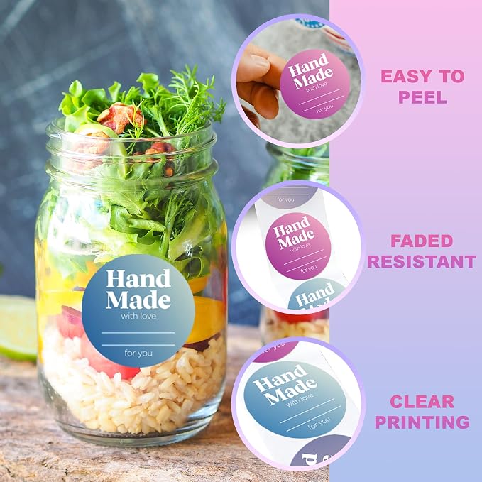 Mobiusea Creation Handmade with Love Labels Roll | Colorful Gradient Design | 2 inch Round Cut | 500 Labels for Homemade Goods, Handmade Stickers, Soap Candle Canning Supplies