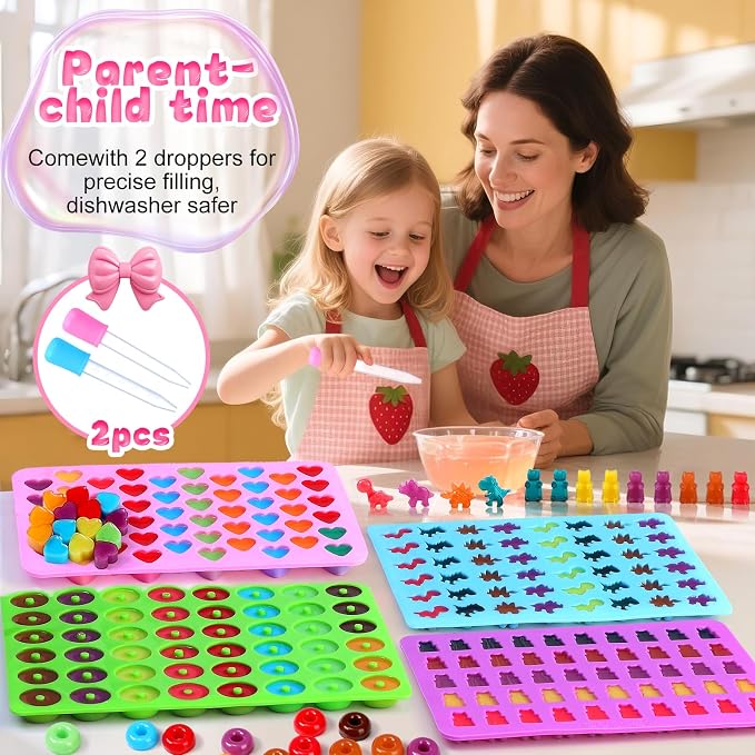 Candy Molds Silicone, with 2 Droppers, Non-Stick Silicone Candy Molds Including Mini Dinosaur, Bear Shape, Hearts and Mini Donut, Set of 4
