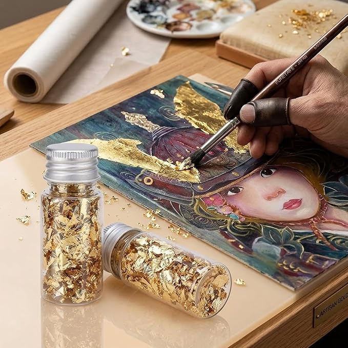 Lwuey Gold Leaf Flakes for Cake ＆ Drinks Decoration, 4PCS | Use for Cakes, Cupcakes, Chocolates, Desserts, Drinks, Cooking Decor, Birthday Party and Makeup Looks