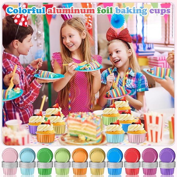 200 Pack Aluminum Foil Cupcake Liners with Lids, 5 oz Round Baking Cup, Disposable Ramekin Container for Graduation Wedding Independence Day Party(Mixed Color,Plain)