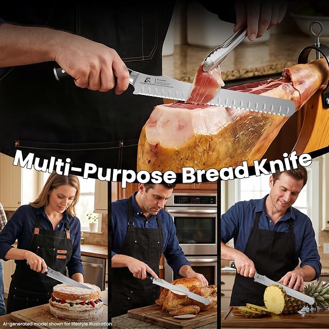 CoquusAid Bread Knife for Homemade Bread, 10.6 Inch Multifunction Serrated Knife, Razor Sharp Slicer, High Carbon German Steel Bread Cutter, Ergonomic Handle for Sourdough Turkey Fruit Cutting, Gift