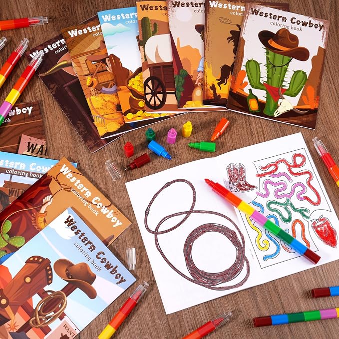 BenLouis 12 Western Cowboy Mini Coloring Books Kids with 12 Stacking Crayons Wild West Party Favors Small Activity Books Bulk for Kids Yee Haw Rodeo Party Horse Gift Goodie Bag Stuffers