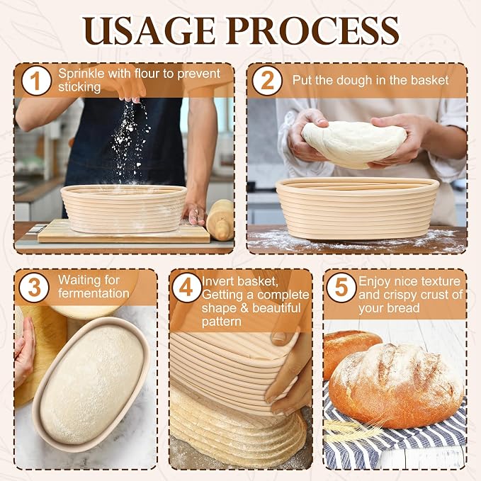 P&P CHEF Sourdough Bread Proofing Basket Set of 6, 10 Inch Oval Dough Proofing Bowls, Sourdough Bread Baking Supplies for Bakers, Handmade Rattan Baskets with Cloth Liner