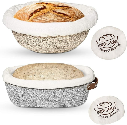Sourdough Proofing Basket - Banneton Bread Proofing Basket, 9" Round & 10" Oval Cotton Rope Banneton Basket Set with Liners & Covers for Bread Baking