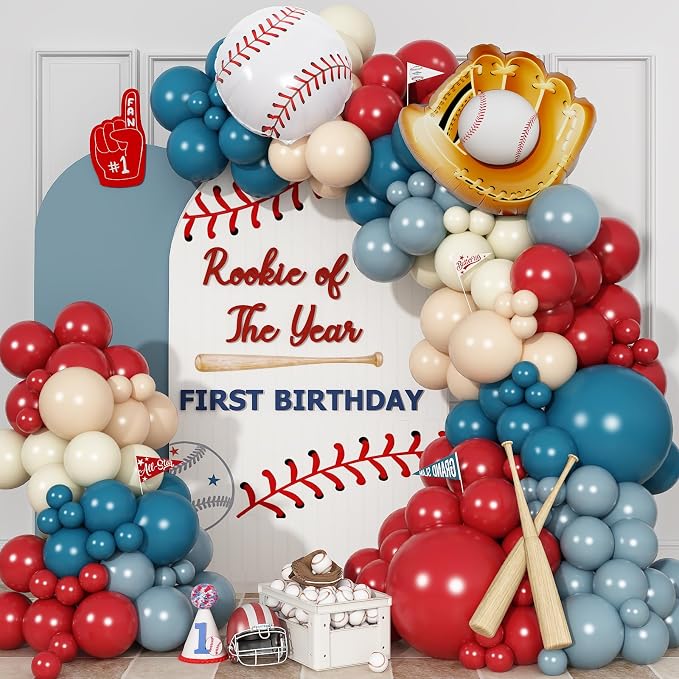 Baseball Balloon Arch Kit, 4th of July Balloon Arch Red Dusty Slate Blue Ivory Nude Balloons Garland With Baseball Foil Balloons for Men Boys Baseball Birthday Party Decorations Sport Patriotic Party