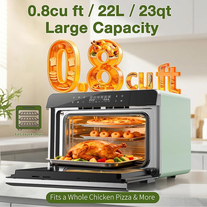 ROBAM Toaster Air Fryer Combi Oven, Countertop Steam Oven 14-in-1 with Convection Steam Roast & Bake, Multi-Stage Cooking, Self-Clean, 7 Modes, 30 Built-In Recipes, for Kitchen Pizza Baking (Green)
