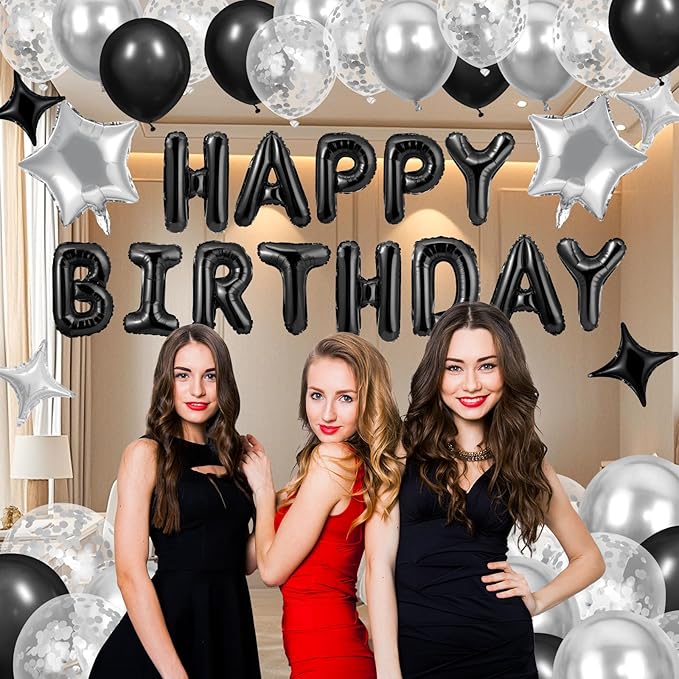 Black Happy Birthday Balloons Decorations Silver and Black Birthday Balloon Letters Banner with 6 Pcs Star Balloons 1000 Artificial Rose Petals 24 Flameless LED Candles for Room Birthday Party Decor